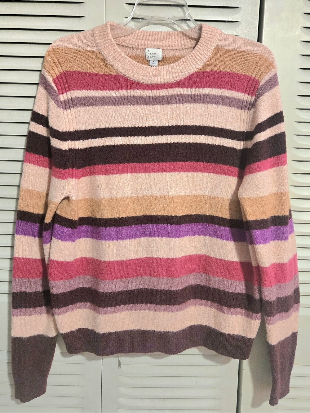 J. Crew Pink and Multicolor Striped Crewneck Sweater